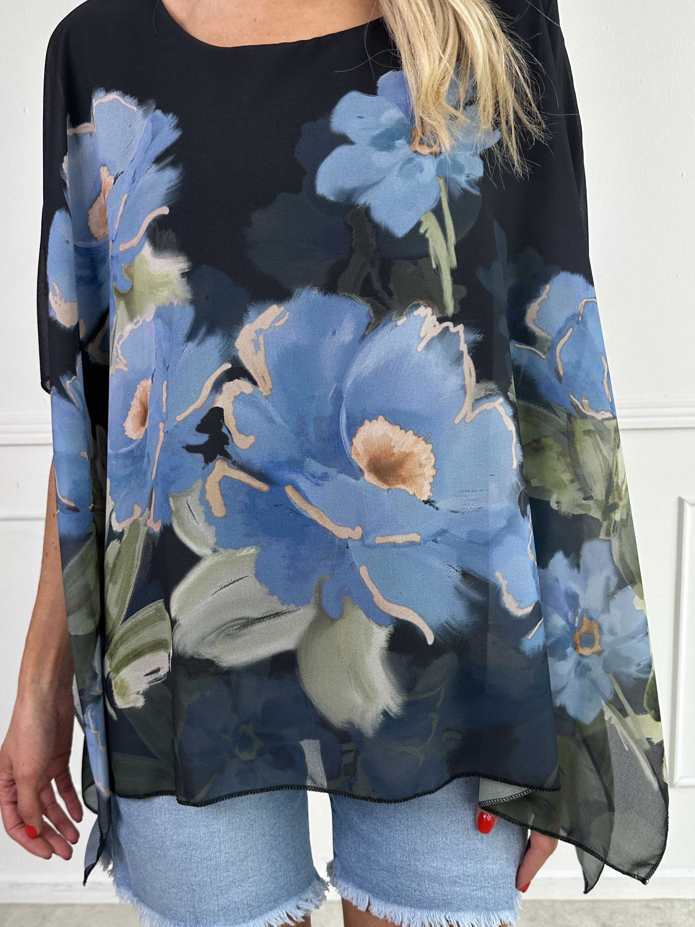Mirabella Shirt - Sød tunika med løst chiffonlag med blomstermotiver